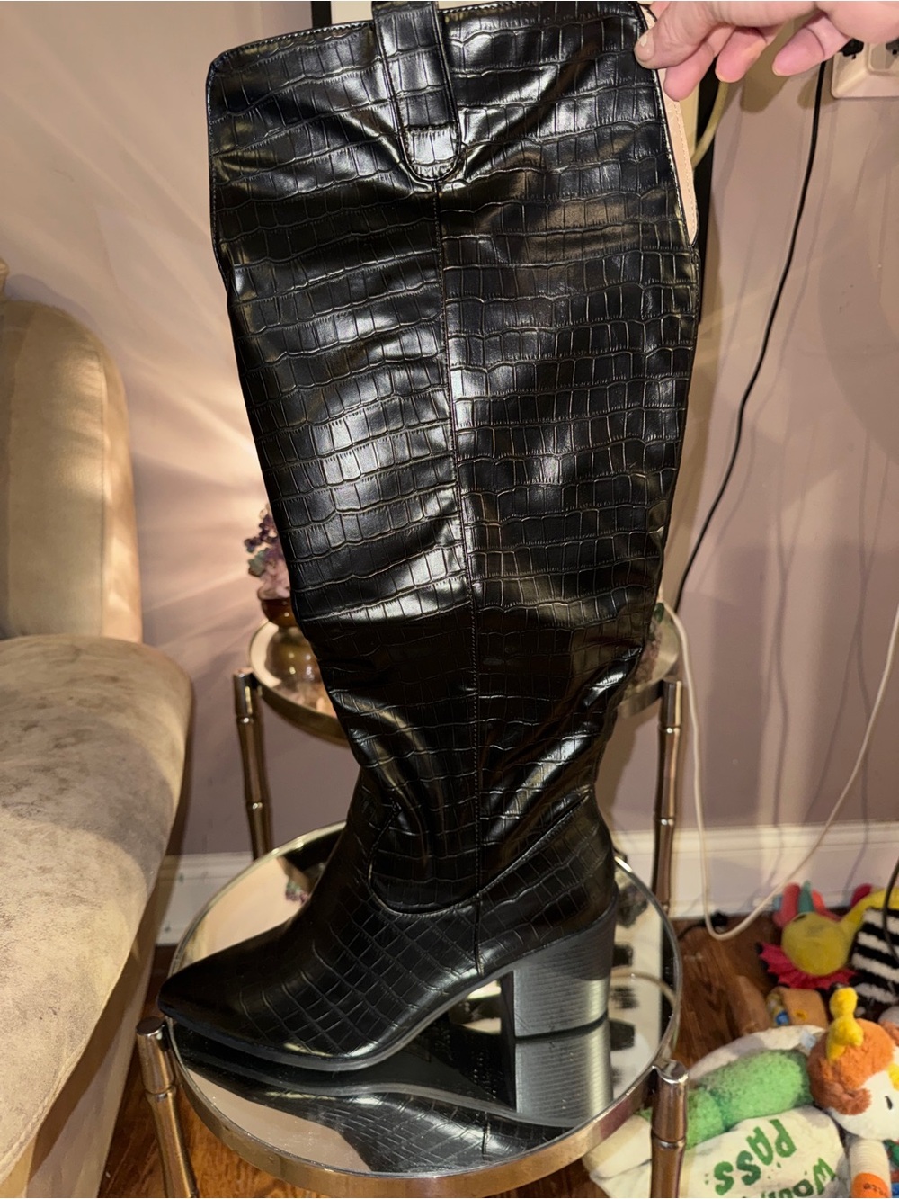Wide Calf Black Croc-Embossed Knee-High Block Heel Boot size 12 WC